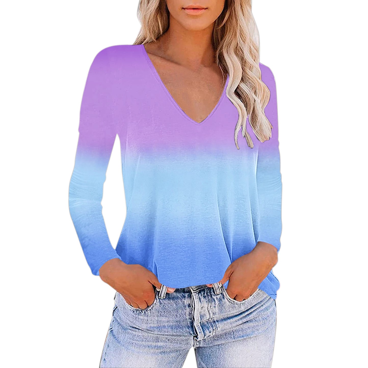 European And American Women's V-neck Gradient Print Loose T-shirt