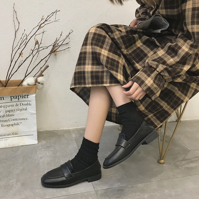 Retro Square Toe Mid-heel Soft Leather Chunky-heel Loafers