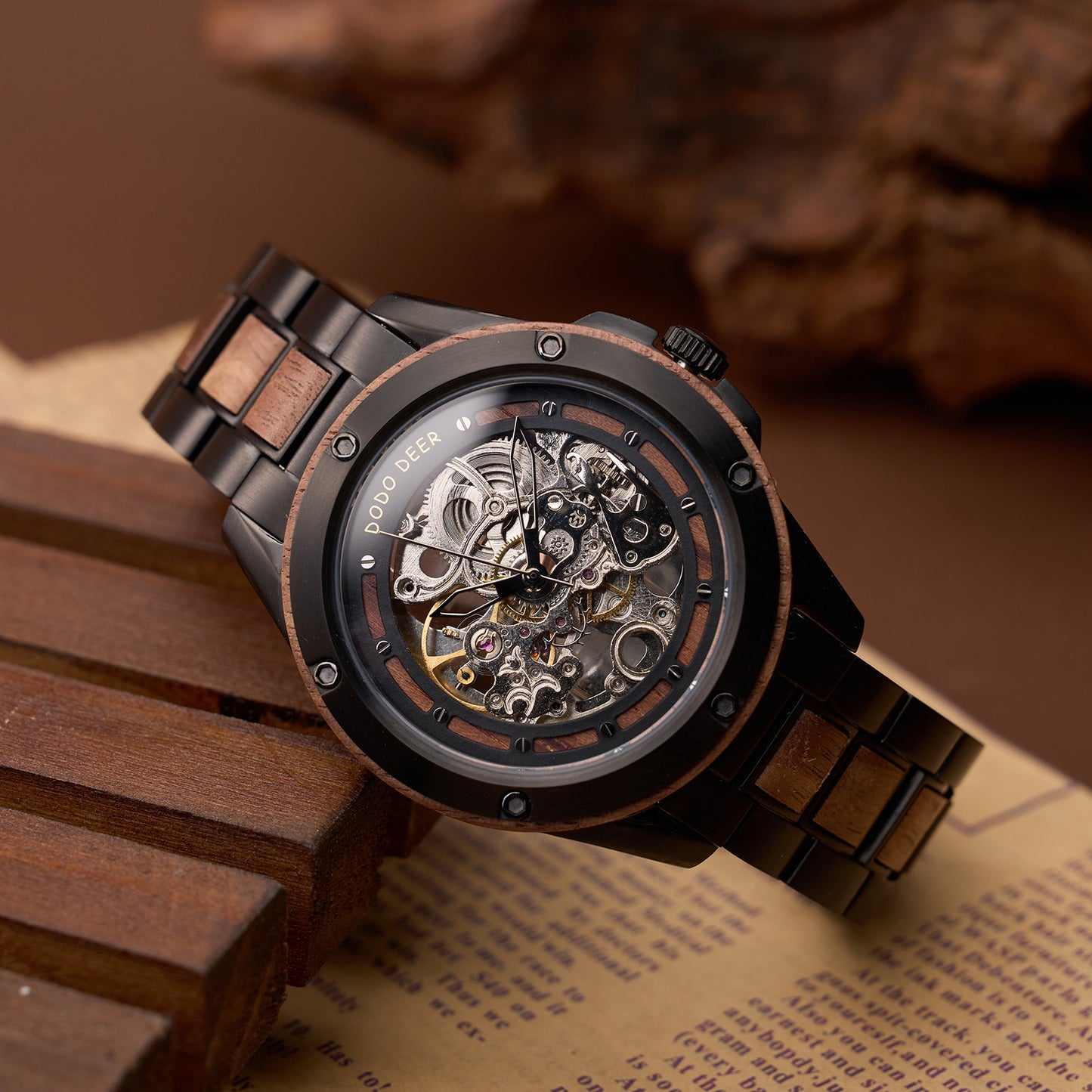 Openwork Mechanical Wooden Watch For Men