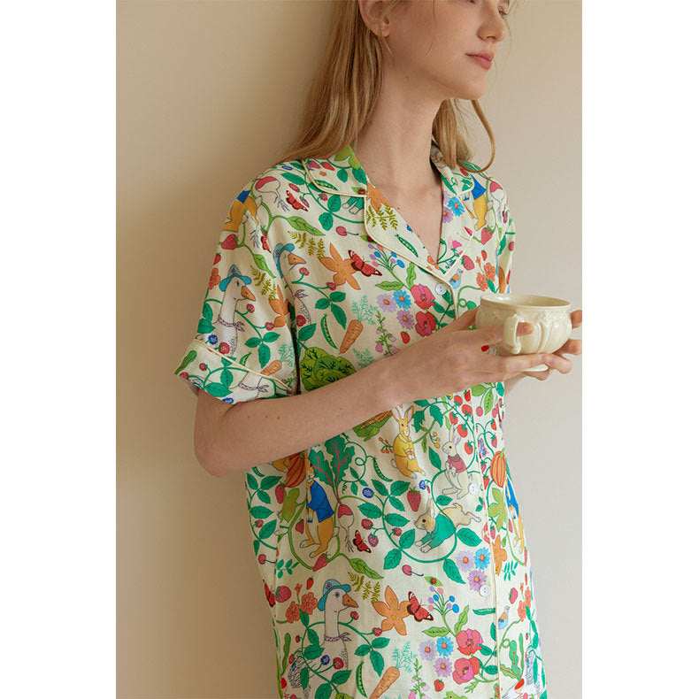 Bamboo-cotton Yarn Printed Pajama Set Loungewear