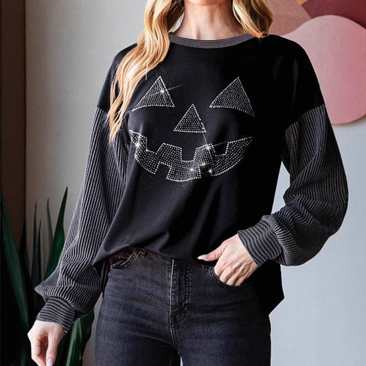 Trøje med rund hals, personlighed, trendy rhinstenssyninger, Halloween-sweater