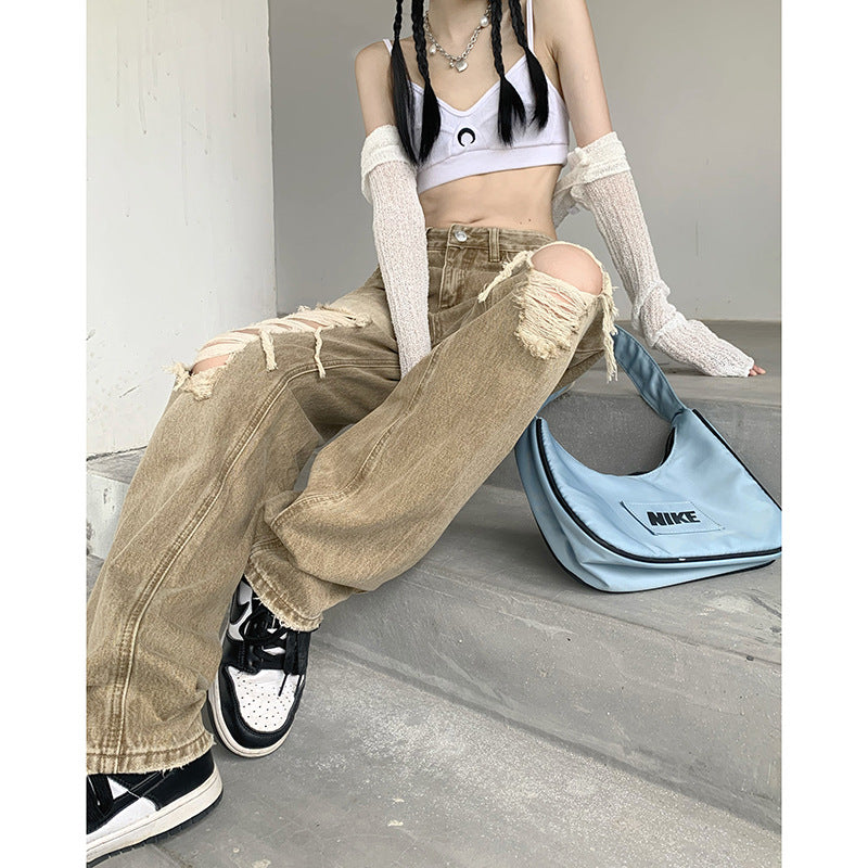 High Waist High Street Denim Retro Casual Straight Trousers