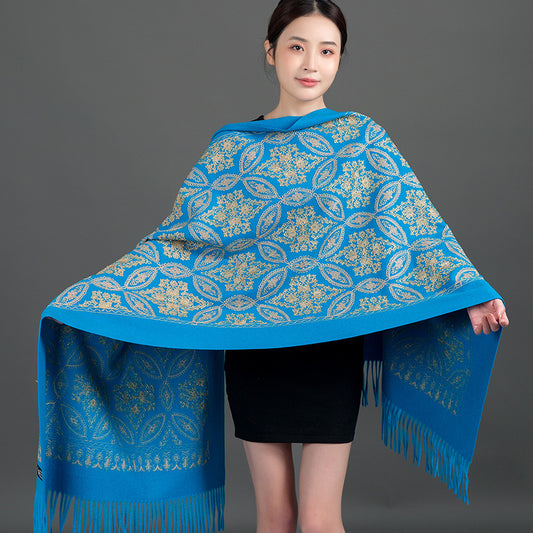 Autumn Winter Embroidered Golden Silk Lily Design In Xinjiang Cashmere