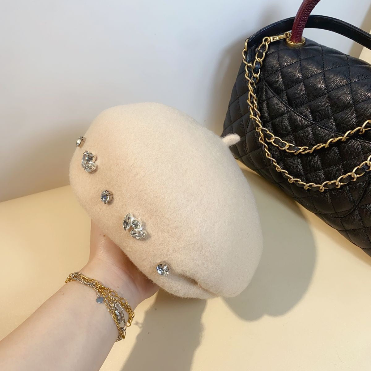 Women's Autumn And Winter British Rhinestone Wool Beret