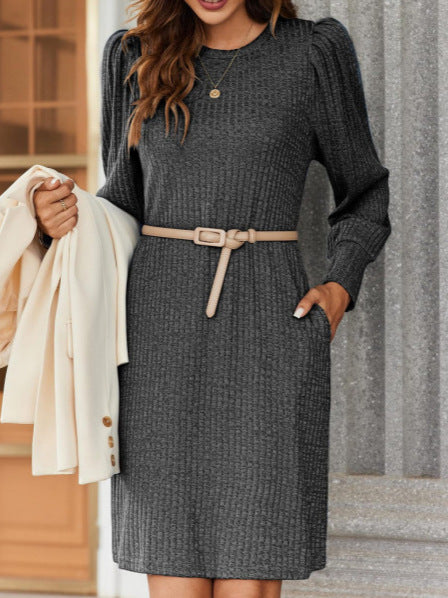 Womens Knitted Puffed-sleeve Long-sleeve Crew-neck Dress With Pockets