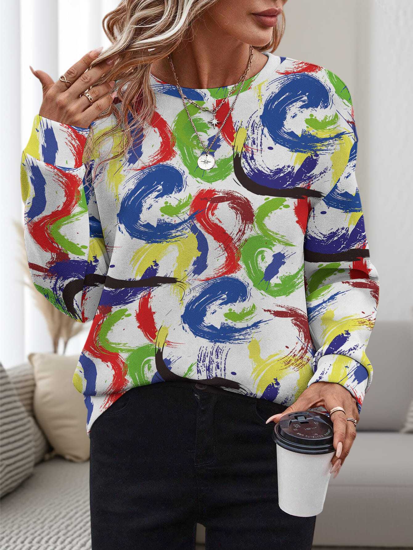 Dame 3D-printet rundhalset pullover, løs fritidstrøje