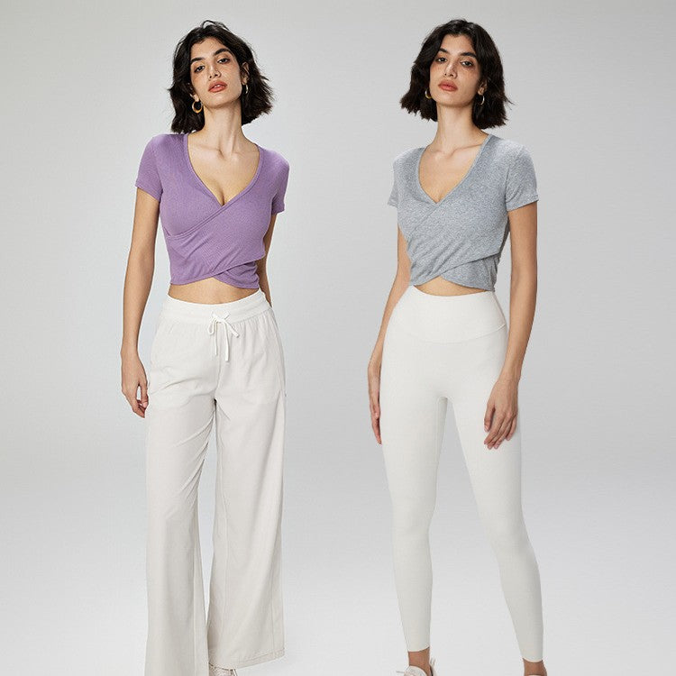 Cross V-hals Yoga T-shirt Kort Taljetæt