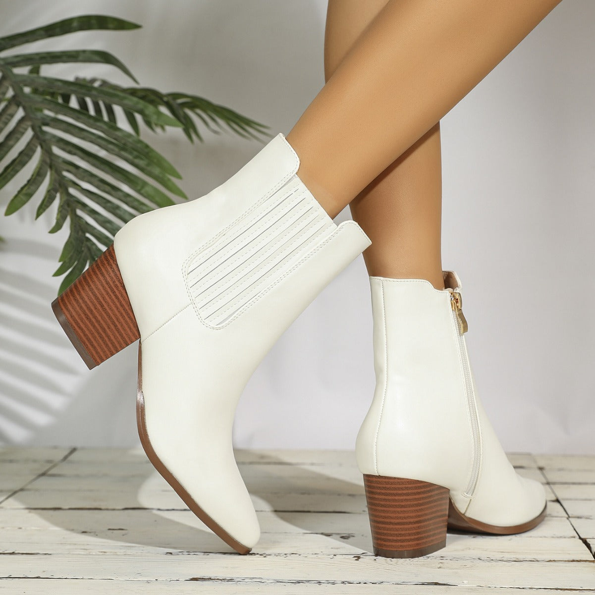 Solid Color Pointed Toe Chunky Heel High Heel Comfortable PU White Ankle Boots