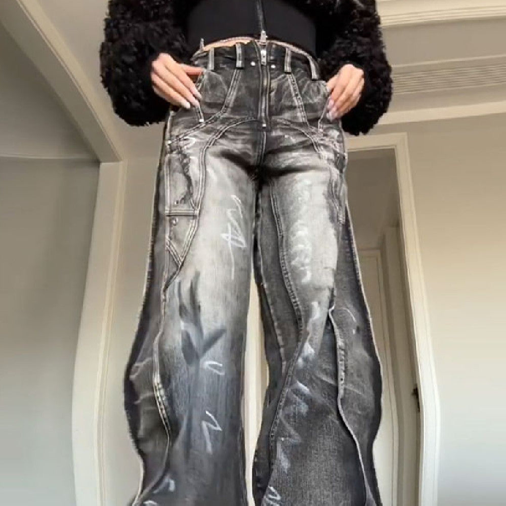 Graffiti-jeans i amerikansk stil til kvinder – plus size, vasket look