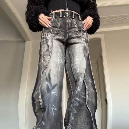 Graffiti-jeans i amerikansk stil til kvinder – plus size, vasket look