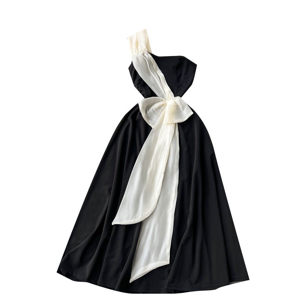 Black And White Contrast Color Slim Fit Waist A- Line Princess Dress