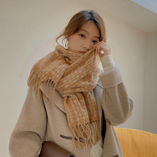 Warm Color Matching Plaid Fringe Long Shawl Scarf