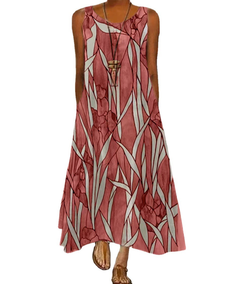 Women's Printed Pocket Round Neck Long Skirt