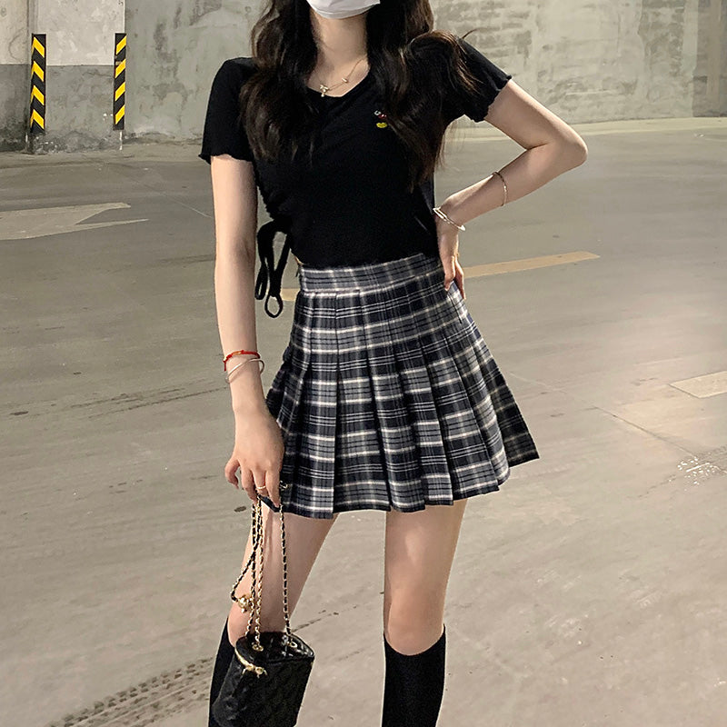 Plaid Pleated Skirt Women's Summer Figure Flattering A- Line Skirt