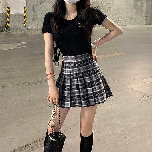 Plaid Pleated Skirt Women's Summer Figure Flattering A- Line Skirt