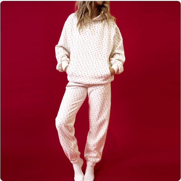 Hooded Sweatshirt Jogger Pants Floral Print Warm And Stylish Set