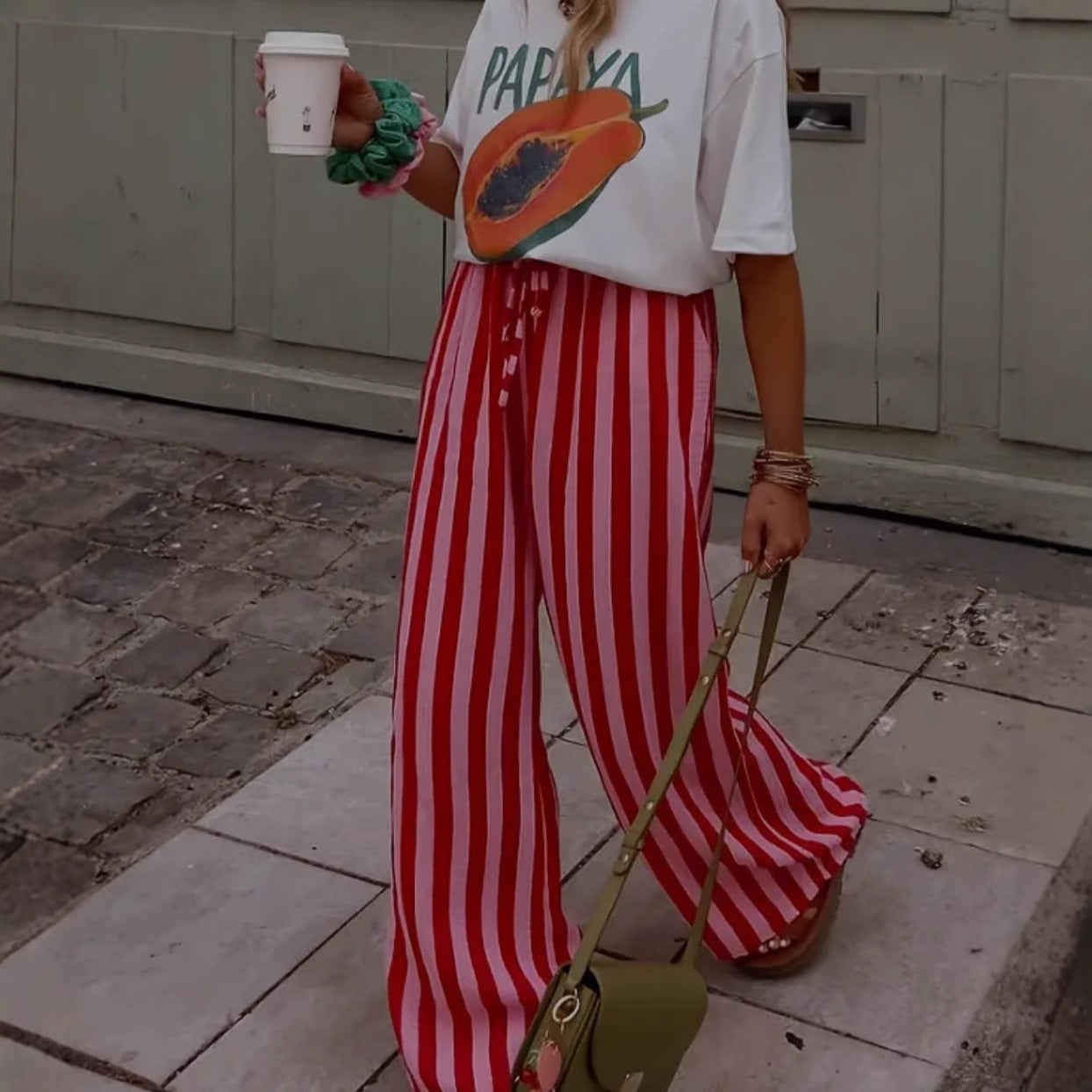 Striped Loose-fit Slimming Casual Wide-leg Floor-length Pants