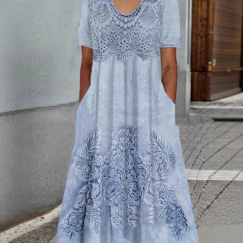 Floral Print Lace-trimmed Crew-neck Dress