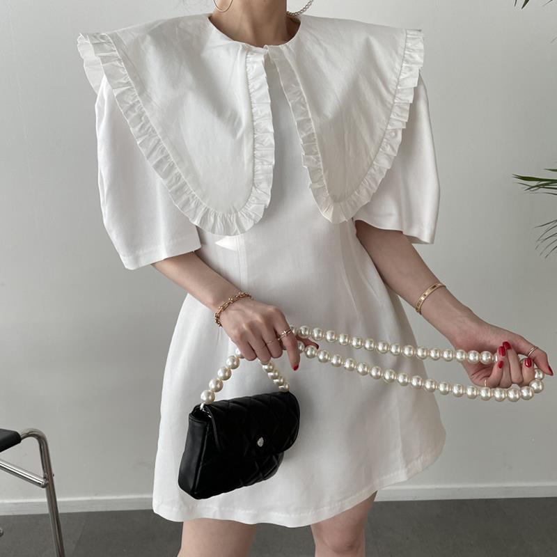Contrast Color Stitching High Waist Puff Sleeve Dress With Fungus Edge