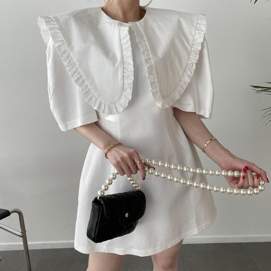 Contrast Color Stitching High Waist Puff Sleeve Dress With Fungus Edge