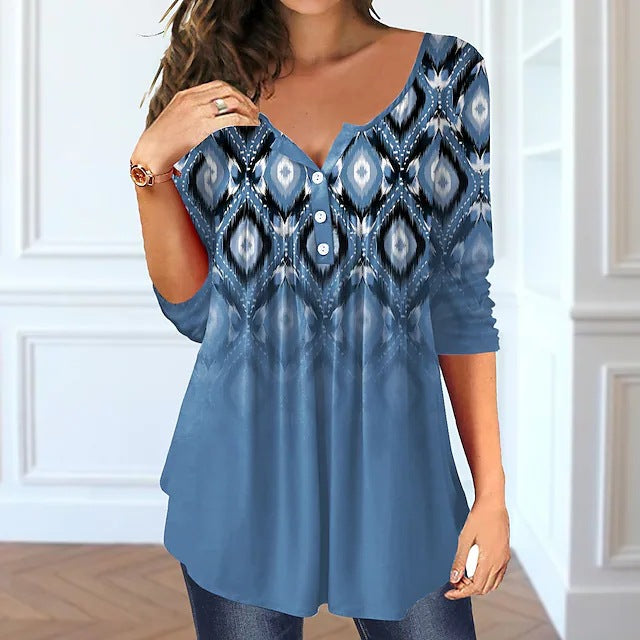 Beauty Summer Loose V-neck Pullover Short Sleeve Button Printed T-shirt
