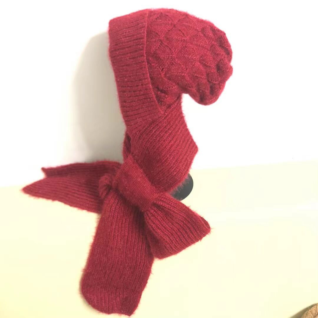 Women's  One-piece Hat With Scarf Warm Thickened Ears Protection  Woolen Cap
