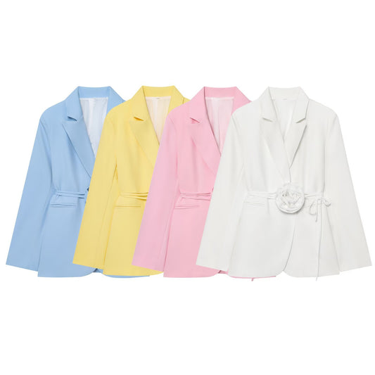 Flower Decoration Waist-tight Solid Color Suit Coat For Women