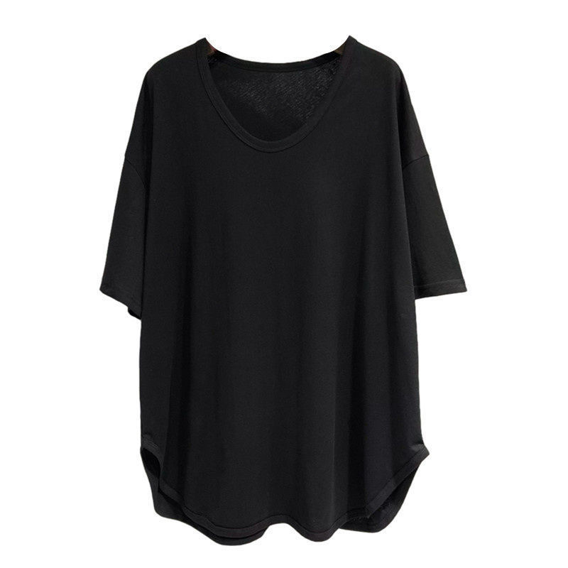 Loose Solid-Color V-Neck Mid-Length Short-Sleeve Top For Women