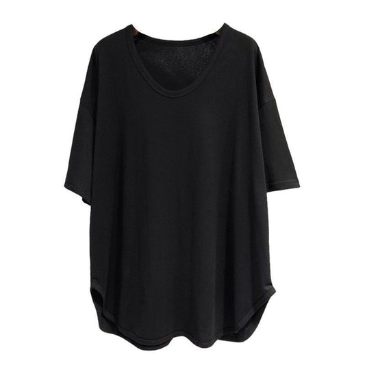 Loose Solid-Color V-Neck Mid-Length Short-Sleeve Top For Women