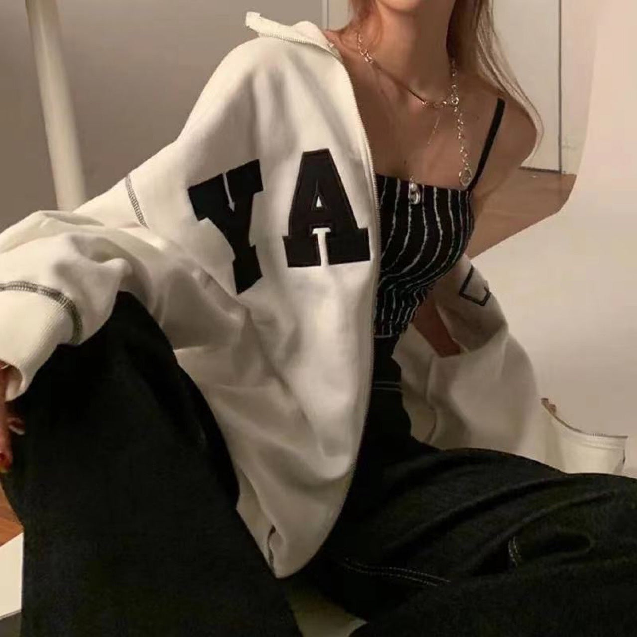 American Hooded Letter Sweater Loose