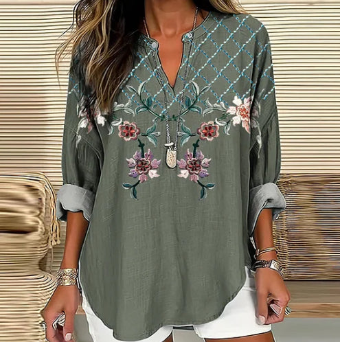 Women's Floral V-neck Linen Blend Loose Blouse