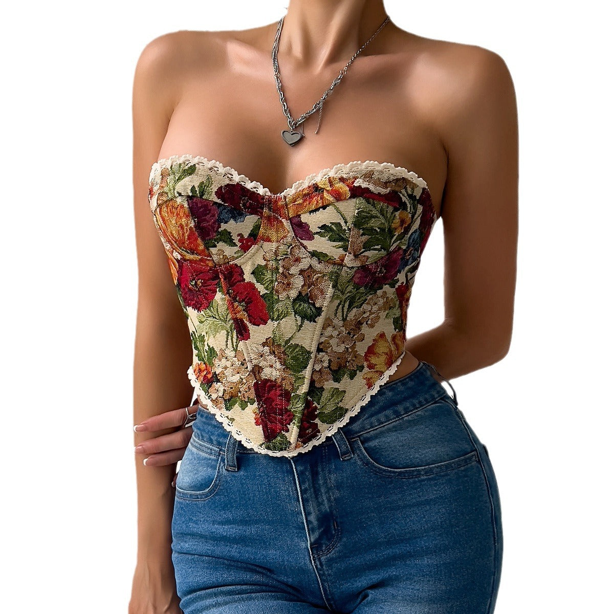 Women's Retro Floral Print Tube Top With Lace-up Front