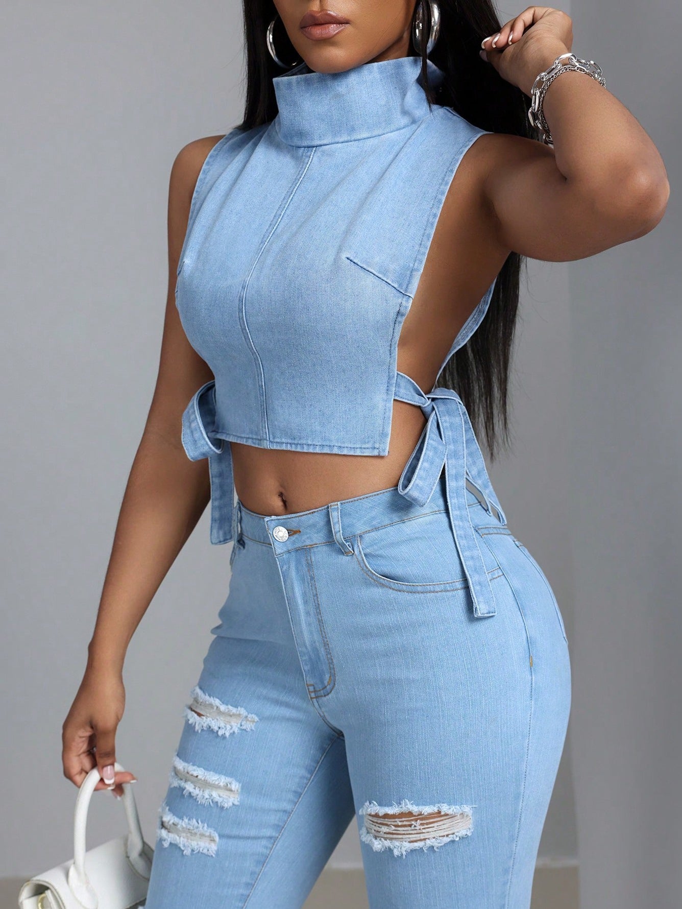 Womens Sexy Lace-Up Denim Top