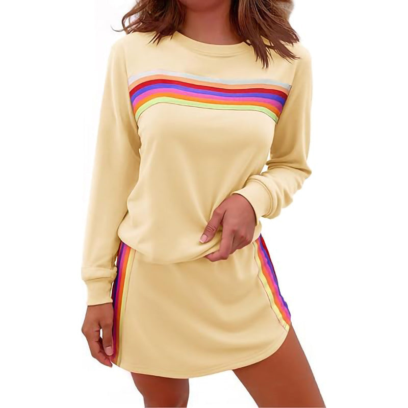 Simple Loose Rainbow Round Neck Sweater Trousers Two-piece Set