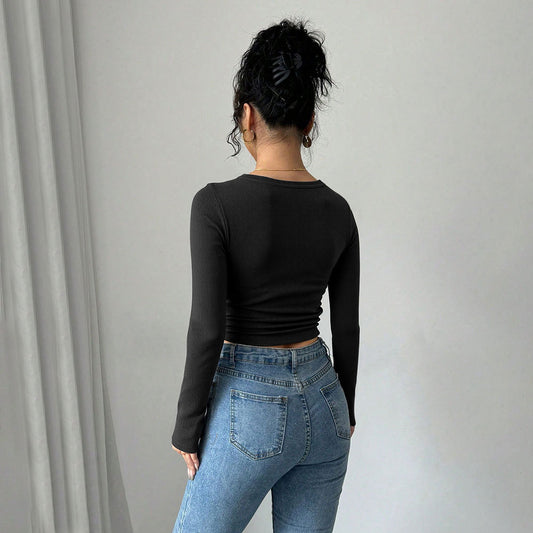 Sexy Hot Girl Square Neck Revealing Collarbone Long Sleeve Women