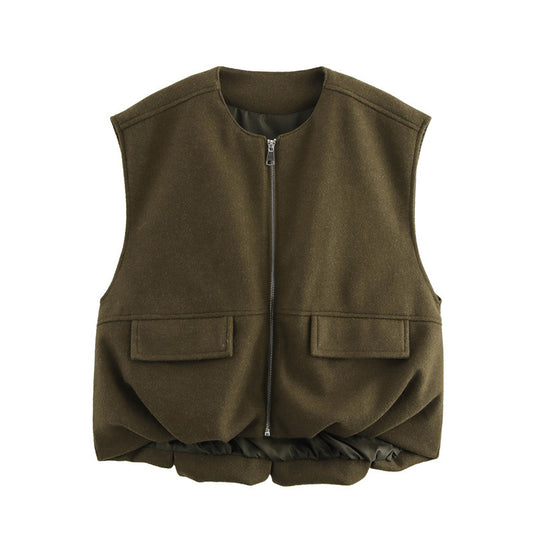 Loose Casual Sleeveless Pleated Loose Pockets Jacket
