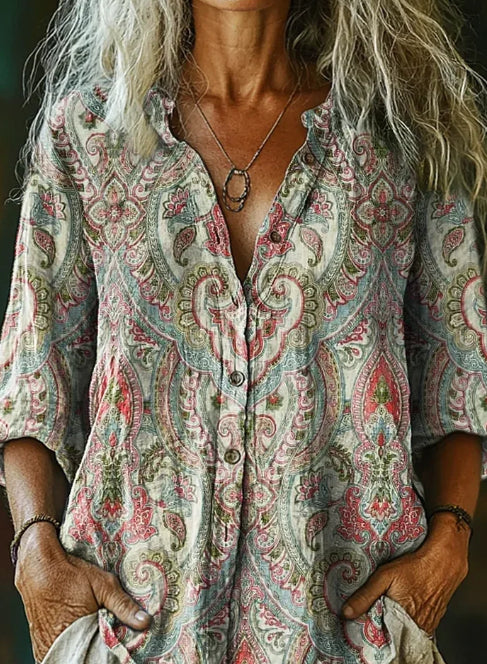 Women's Vintage Ethnic Floral Art Print Linen And Cotton V-neck Casual Shirt