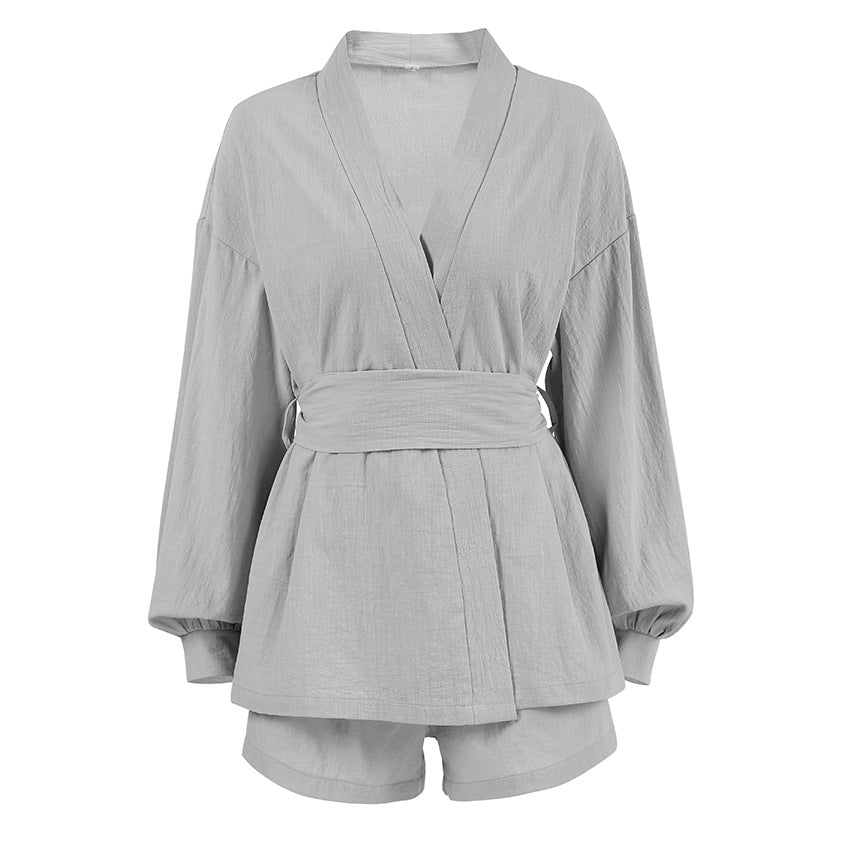 Womens Loose And Cozy Cotton Long-Sleeve Cardigan And Shorts Set