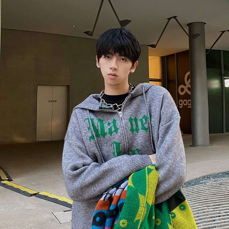 Autumn And Winter Hooded Letter Jacquard Loose Coat For Men
