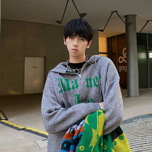 Autumn And Winter Hooded Letter Jacquard Loose Coat For Men