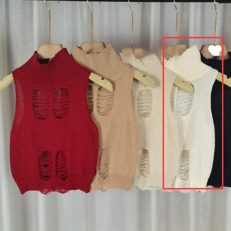 Udhullet strikvest med halv rullekrave til kvinder, slankende huller og off-shoulder