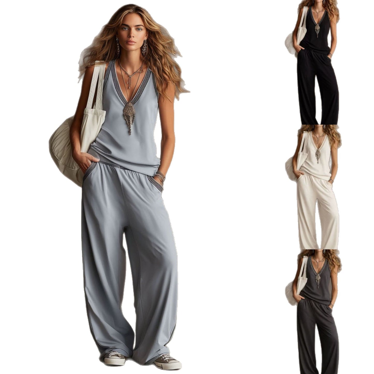 V-neck Sleeveless Tank Top And Wide-leg Pants Set Relaxed Fit