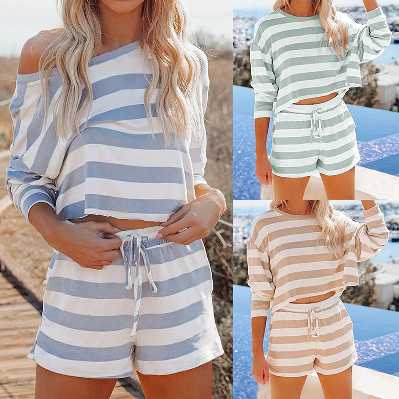 Womens Crew-Neck Striped Long-Sleeve Top And Casual Shorts 2-Piece Set