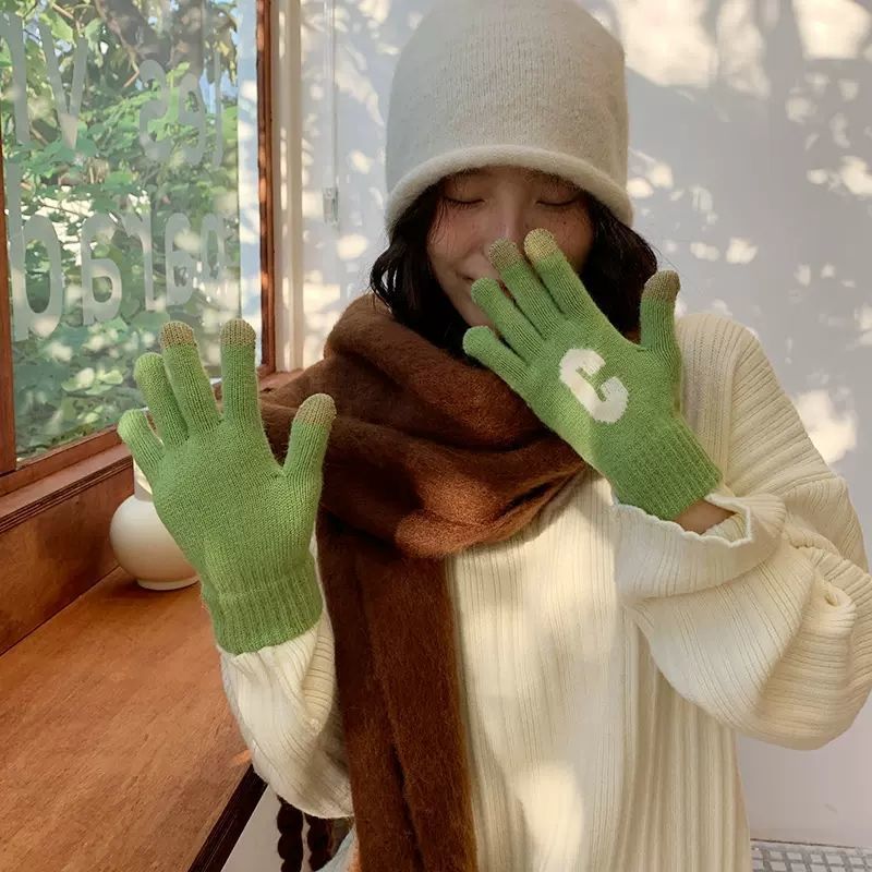 Candy Color  Letter C Thick Cute Wool Knitted Warm Gloves