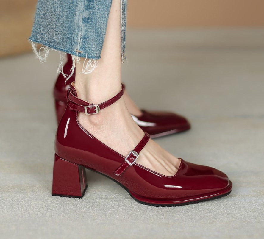 Vintage Thick Heeled Patent Leather Single Shoes