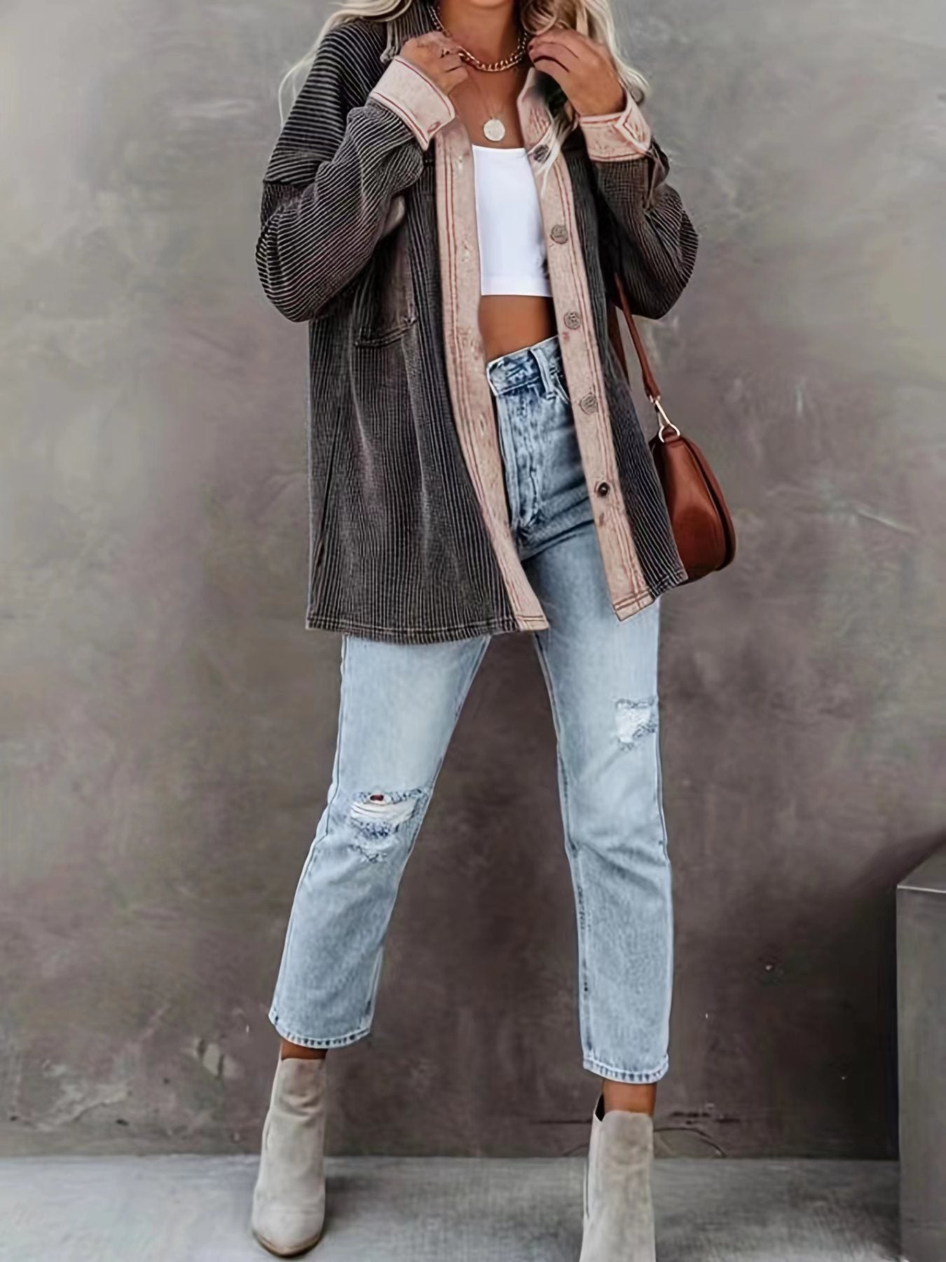 Lapel Single Row Long-sleeve Women's Top