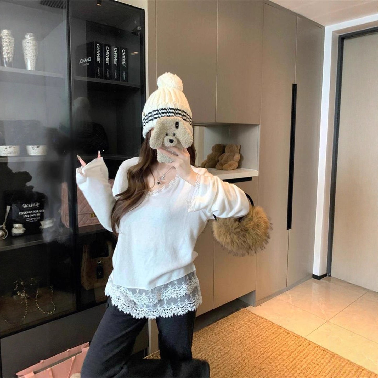 Lace Patchwork Long Sleeve V-neck Loose Stylish Women's Top