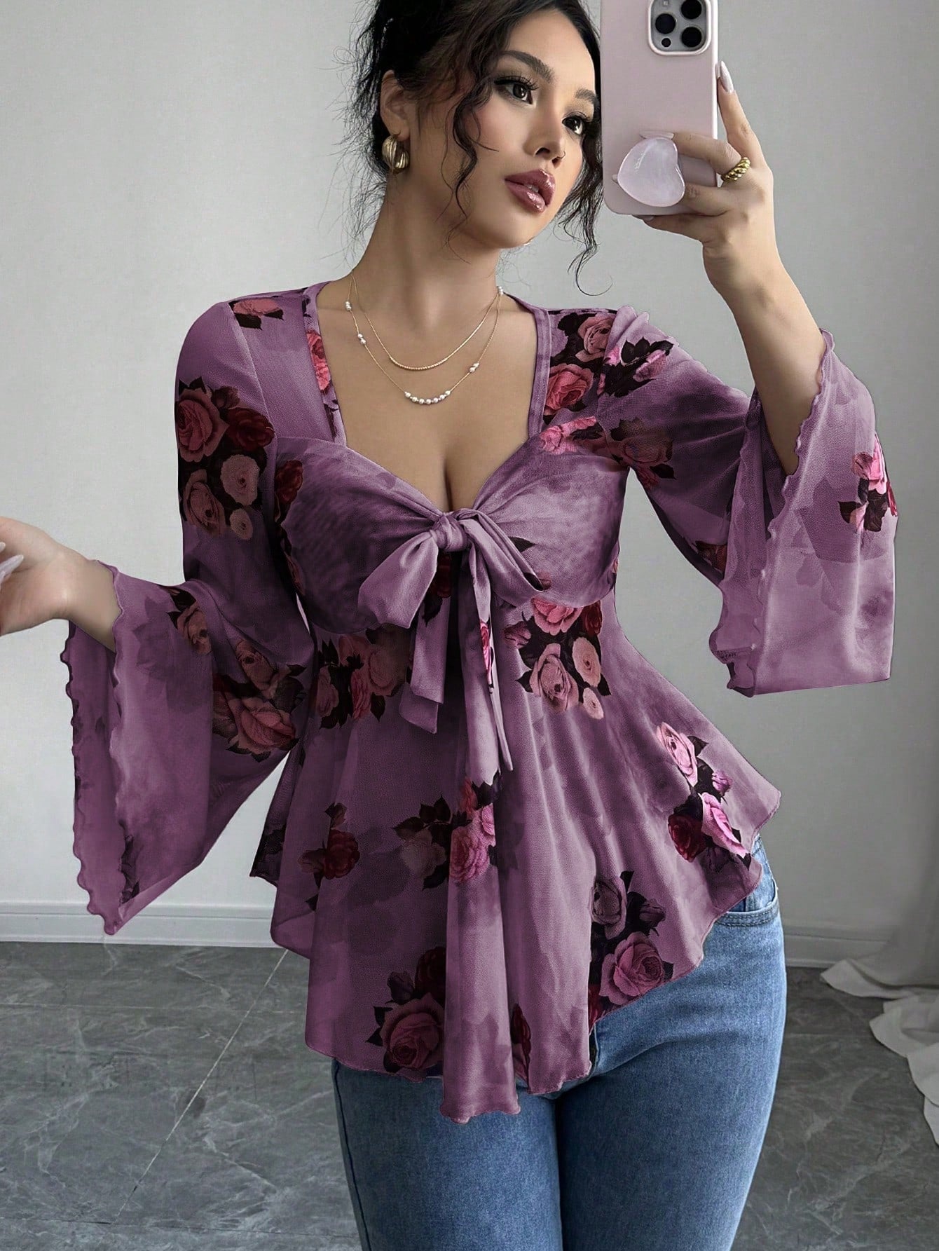 European And American Design Sense French Sweet Flower Blooming Lace-up Square Collar Long Sleeve Shirt