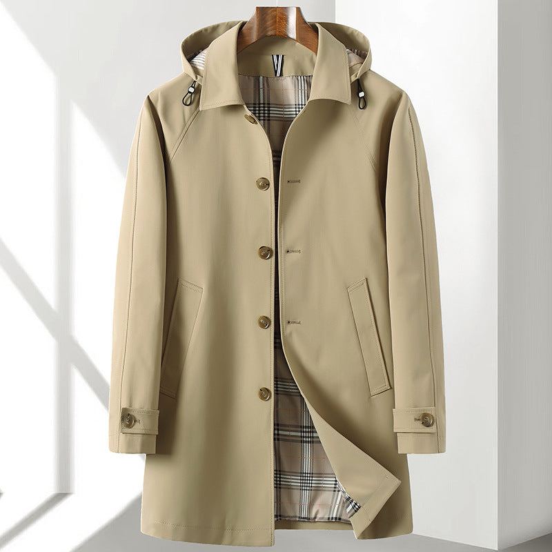 Men's Trench Coat Detachable Hat Light Luxury Business