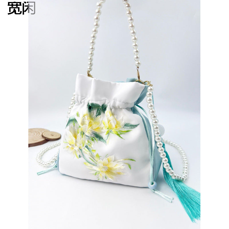Women's Creative Printing Suzhou Embroidery Pearl Chain Handbag